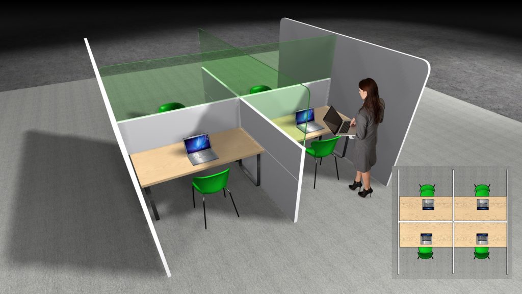 rendering of 4 desk workplace cube